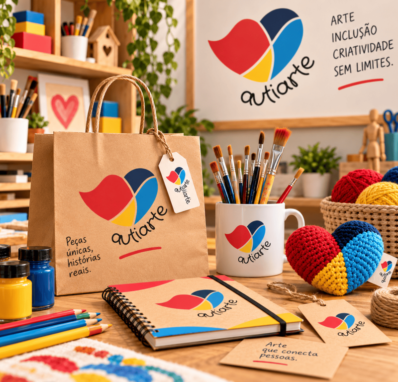 Identidade visual Autiarte aplicada a materiais de comunicação e apresentação da marca.