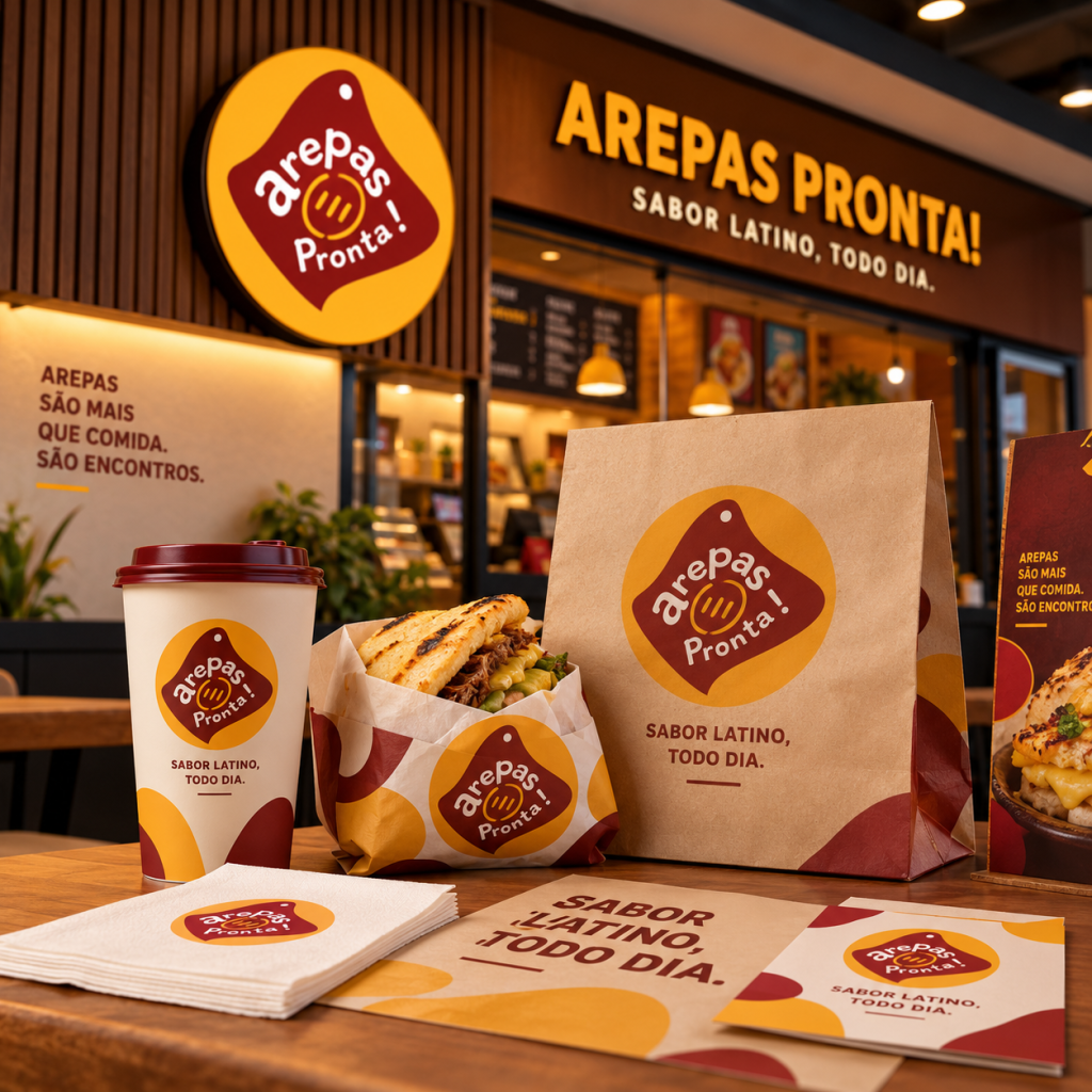 Identidade visual Arepas Pronta! aplicada à comunicação e apresentação da marca.