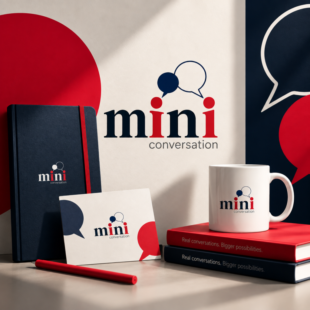 Estudo conceitual de identidade visual Mini Conversation com aplicações da marca em materiais de comunicação.