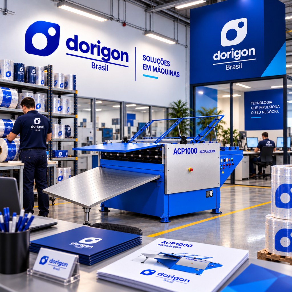 Identidade visual Dorigon Brasil aplicada ao ambiente industrial e comunicação da marca.