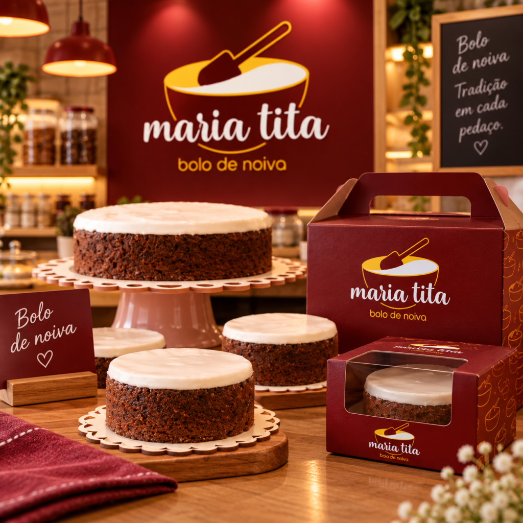 Identidade visual Maria Tita aplicada à apresentação de bolos de noiva e materiais da marca.