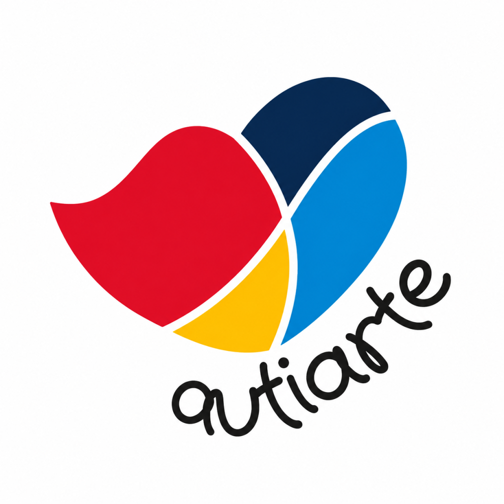 Logotipo Autiarte aplicado à identidade visual e materiais de comunicação da marca.