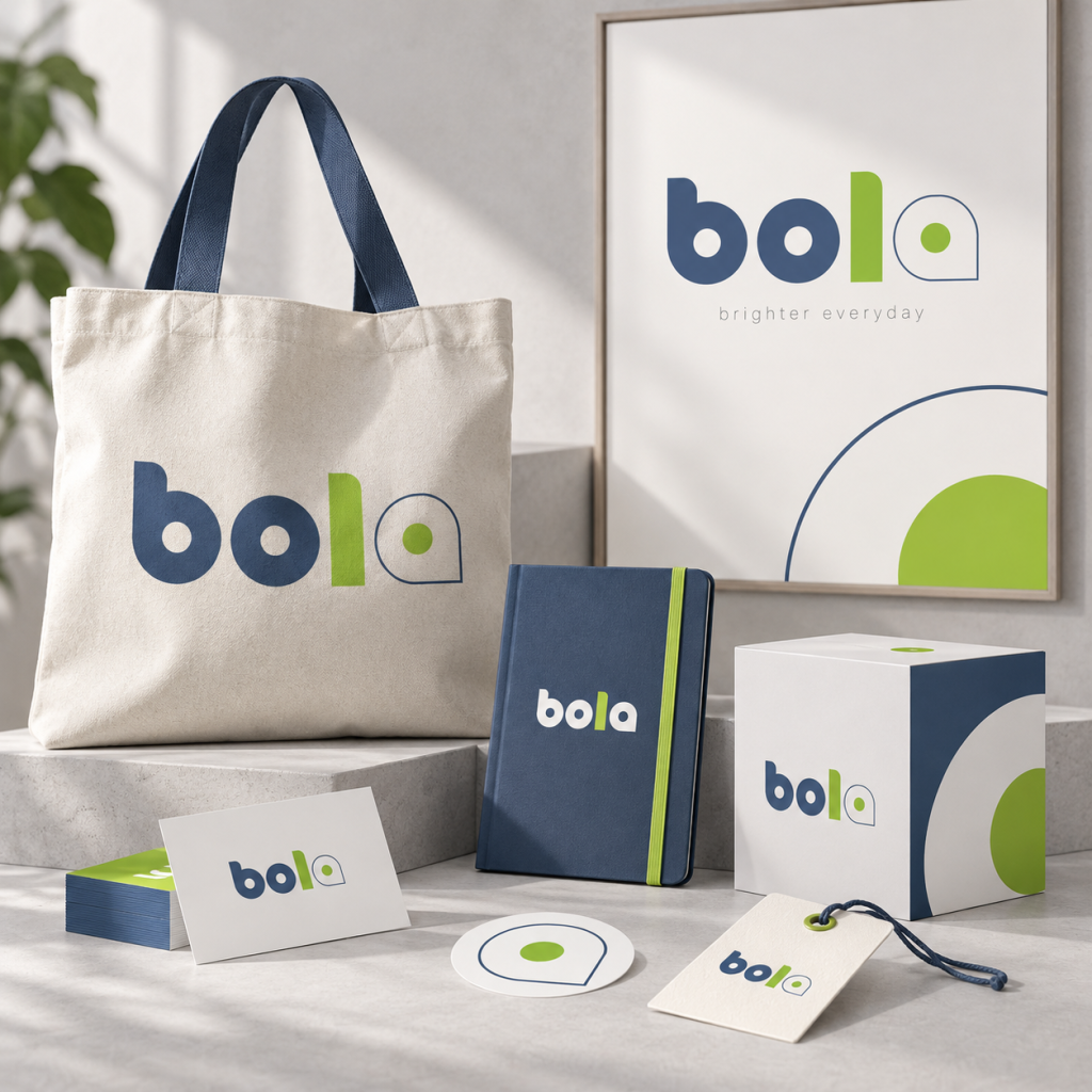 Logotipo conceitual Bola construído com formas geométricas em azul e verde.