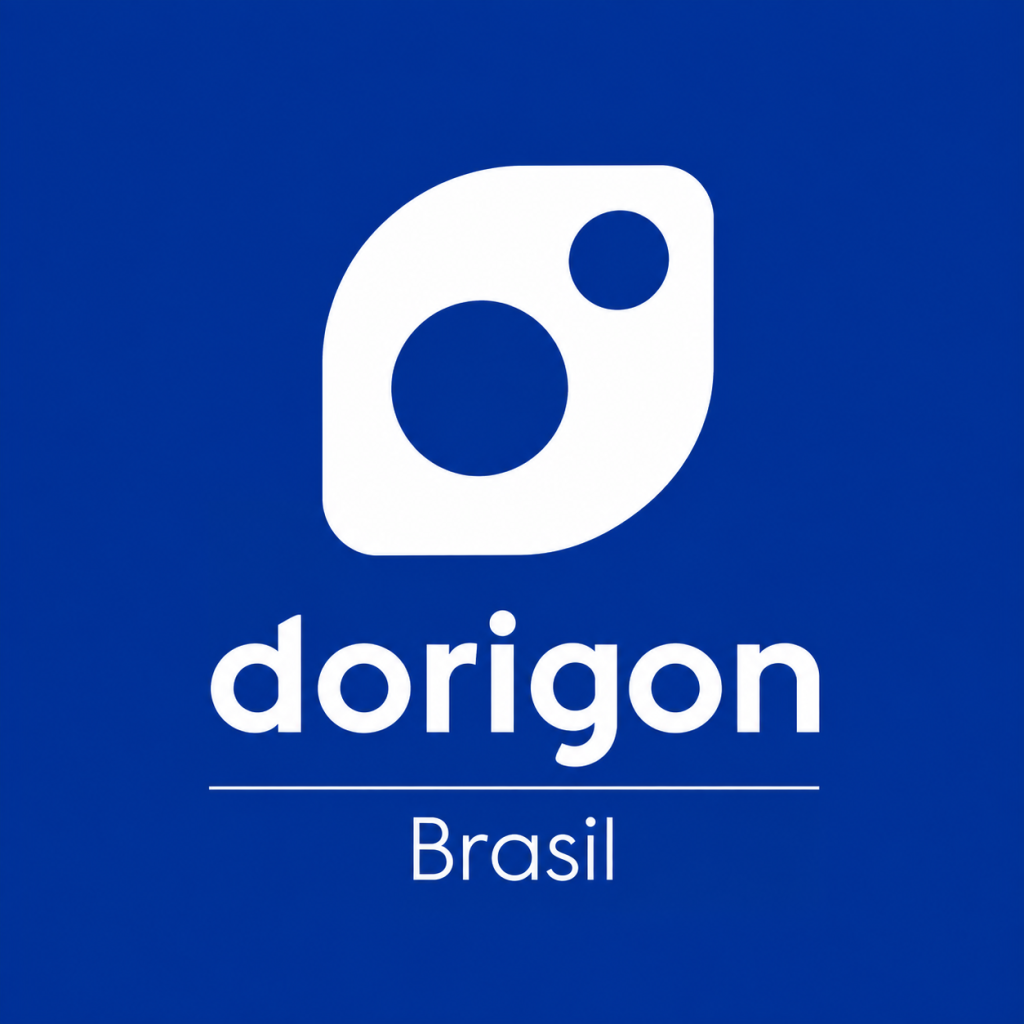 Logotipo Dorigon Brasil em branco sobre fundo azul.