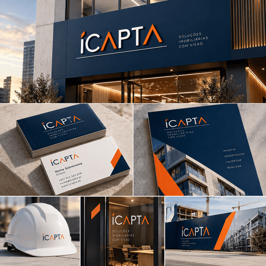Identidade visual ÍCAPTA aplicada ao setor imobiliário em materiais de marca e comunicação.